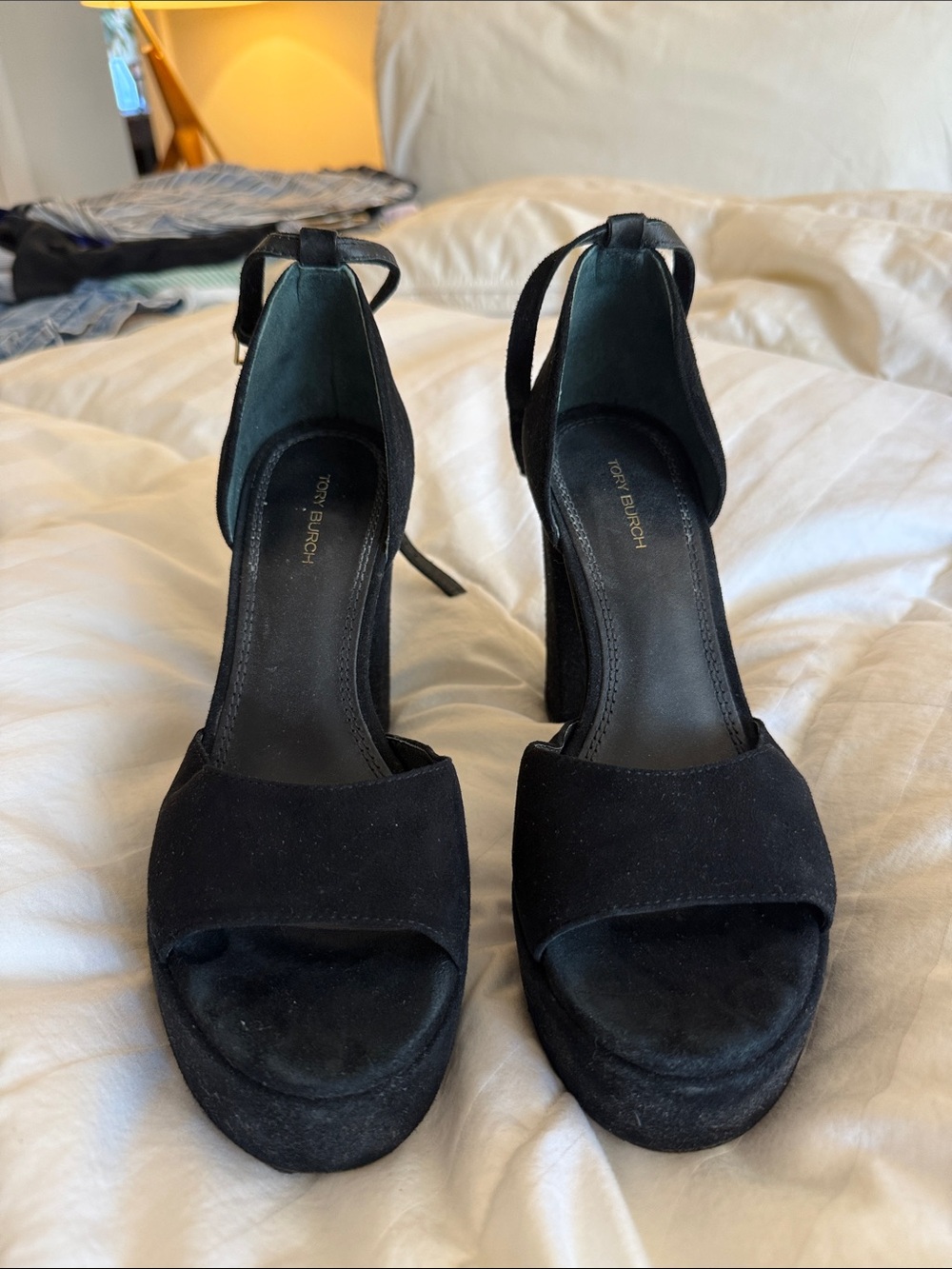 Tory Burch Black Suede Platform Block Heel Sandals with Ankle Tie